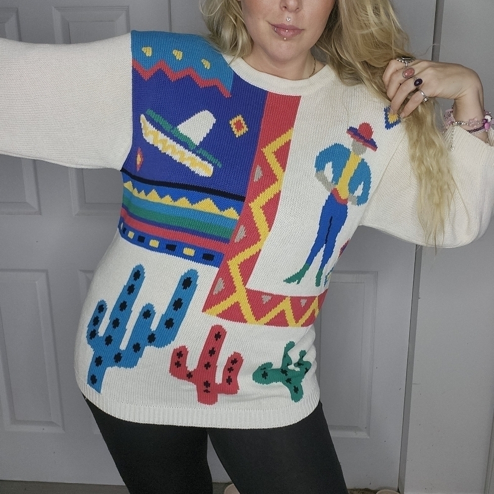 VINTAGE COLORFUL MEXICAN CACTUS PRINT KNIT